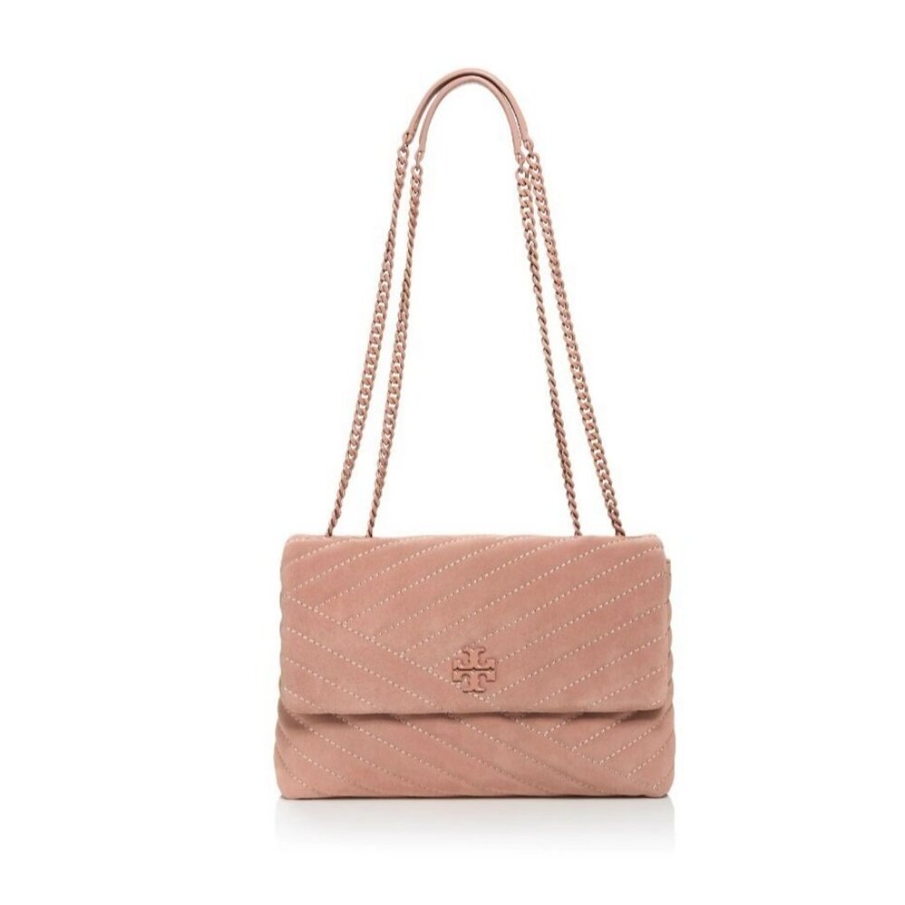 TORY BURCH Kira chevron quilted suede medium shoulder crossbody + Dust bag PINK